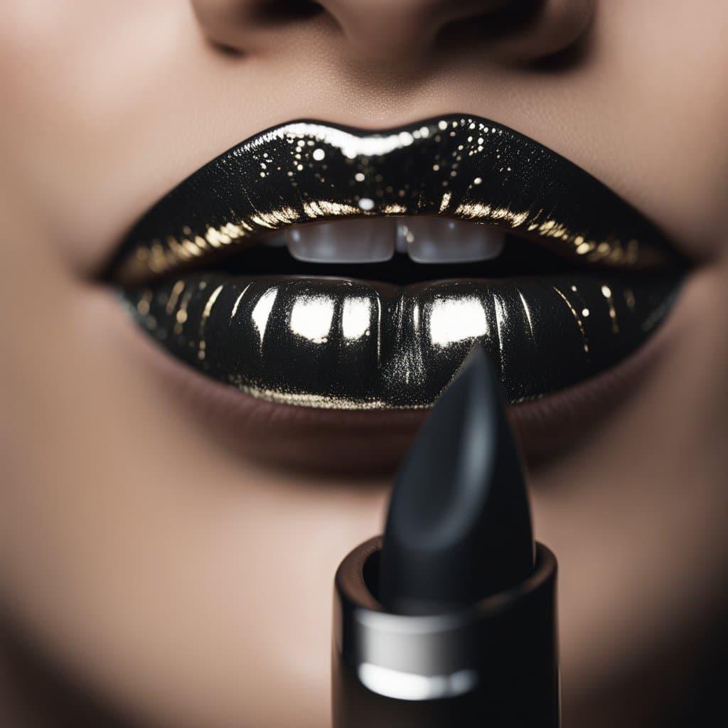 Close up of a woman's lips with gold lipstick on them.
