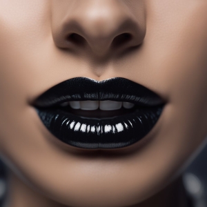 A close up of a woman with black lips.