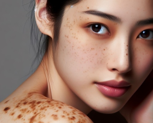 A young asian woman with freckles on her face.