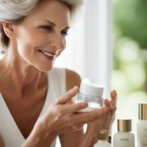 An older woman looking at her skin care products.
