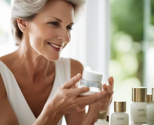 An older woman looking at her skin care products.