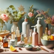 A variety of beauty products on a table.
