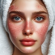 A woman in a towel with red skin on her face.