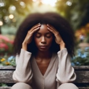 A black woman sitting on a bench with her hands on her head.