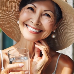 A woman in a straw hat is holding a glass of water.