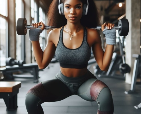 A young black woman doing squats in a gym.