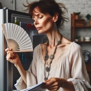 A woman holding a fan in front of a refrigerator.