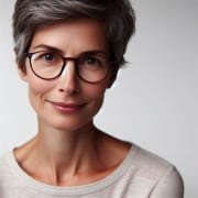 A woman with gray hair wearing glasses.