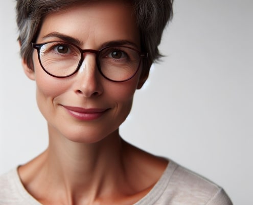 A woman with gray hair wearing glasses.