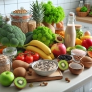 A variety of fruits and vegetables on a kitchen counter.