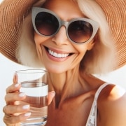 A woman wearing sunglasses and a straw hat is holding a glass of water.
