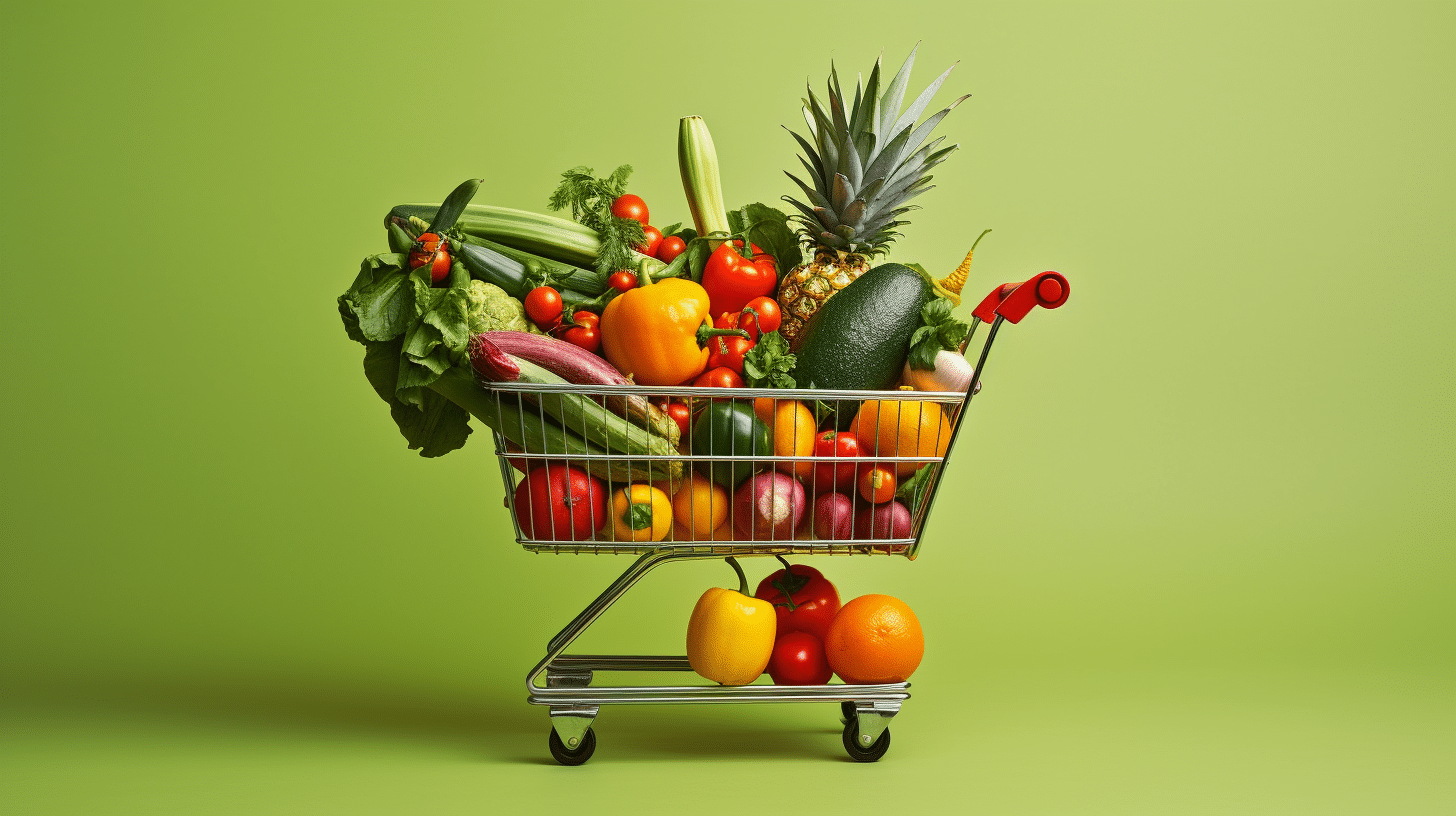 A shopping cart full of fruits and vegetables on a green background.
