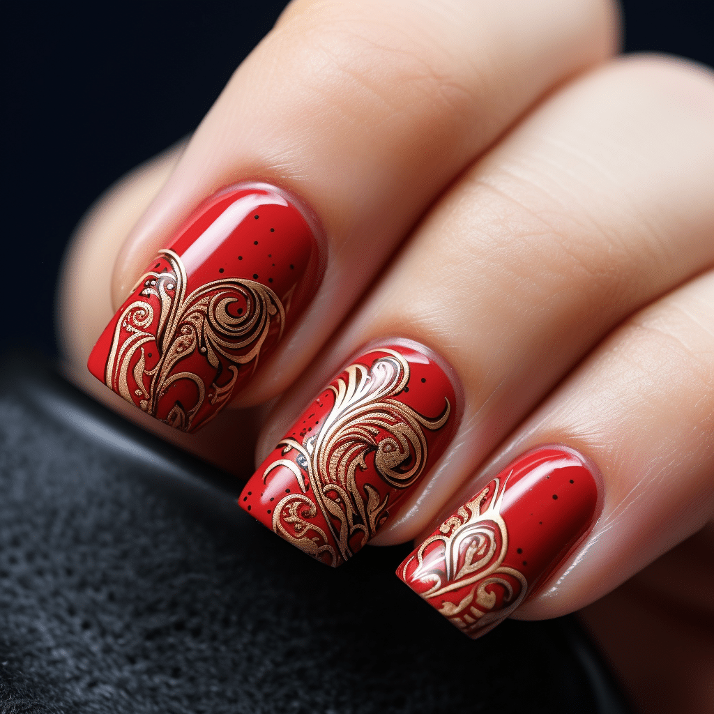 A woman holding a red nail with gold designs on it.